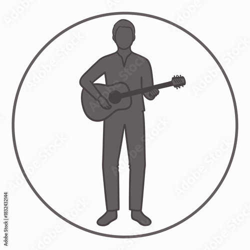 Silhouette Musician: A simple illustration captures a musician standing, absorbed in playing an acoustic guitar, set against a clean, uncluttered circle. 