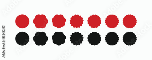 Red and black stamp seals and postage stamp vector set. Variety of starburst, rosette, and jagged circle badges or sticker labels collection for price or warranty design elements