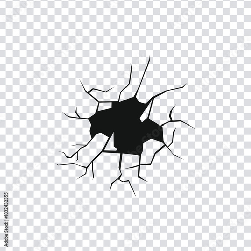 Set of realistic cracked screen hole vector elements. Smash impact damage destruction effect isolated on transparent background