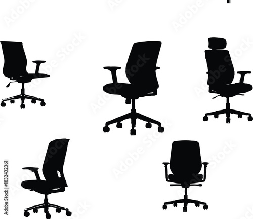The image presents a collection of five black office chair silhouettes, each differing in design and style, set against a clean white background.