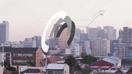 Bright white arc fading causing three arcs sliding rotating extending labels to label round tower