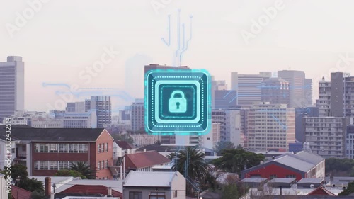 Frame start showing turquoise padlock appearing over skyline pulsing chip traces signaling security