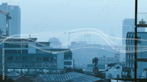 On play, dotted waveform overlay animating over hazy skyline, bands shifting to show audio levels