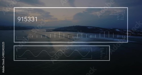 HUD appearing over coastal channel and island, updating numbers and bars while surveying coastline