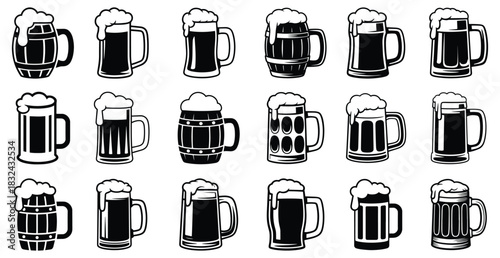 Set of Beer Mugs, Cheers Beer Mug Outline and Silhouette, Hand drawn stylized beer glass filled with frothy beer and foam top, Design elements for logo, label, emblem, sign, badge. Vector illustration