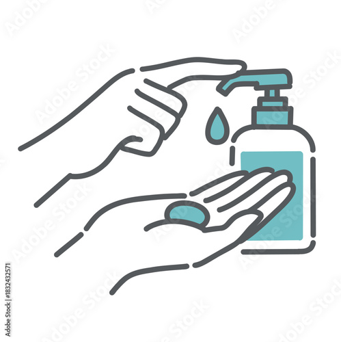 石鹸ディスペンサーから手にハンドソープを取るイラスト（衛生・洗浄）