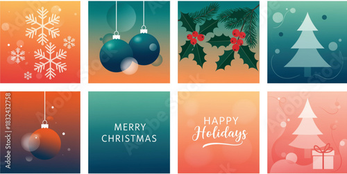 A vibrant set of eight square graphic illustrations perfect for Christmas and winter holiday themes, showcasing diverse visual elements like falling snow, hanging baubles, natural foliage and textual.