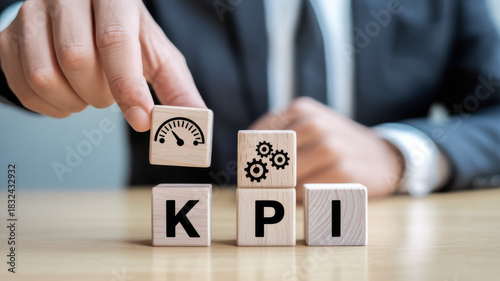 Business professional in a dark suit placing a wooden cube with a target icon on top of a vertical stack spelling "KPI".