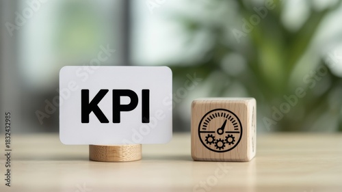 Business placing a small, stack of other wooden blocks.performance meter engraved on it, with an adjacent cube displaying.