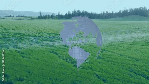 Globe appearing over center field rotating clockwise, dots filling continents, showing global crops