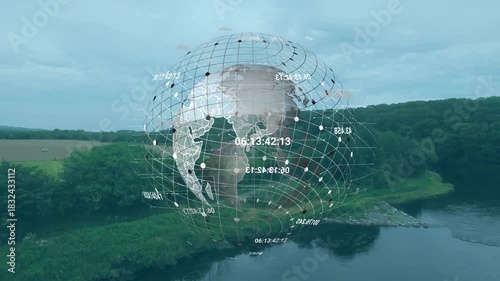 Translucent globe starting over river, rotating and pulsing while visualizing numeric data