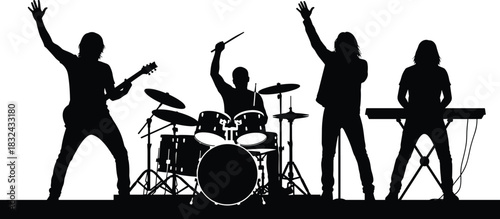 Black Silhouette Vector Illustration of a Rock Band Performing Live on Stage with Guitarist, Drummer, Singer, and Keyboardist, Ideal for Music, Concert, and Entertainment Graphics