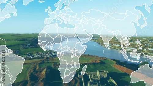 World map graphic appearing from left expanding to center on castle as camera panning, showing site