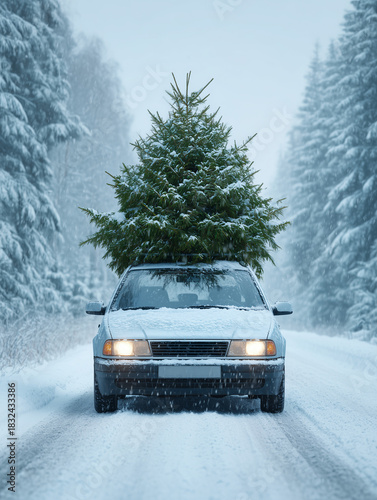 Car driving through snowy forest carrying christmas tree