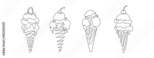 A set of berry cone ice cream in one continuous line. Vector illustration, One line art, Line art graphic style Editable stroke.