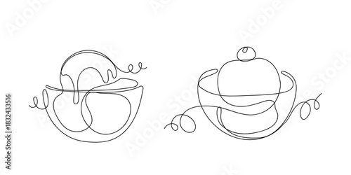 Set of ice cream in cups in one continuous line. Vector illustration, One line art, Line art graphic style Editable stroke.