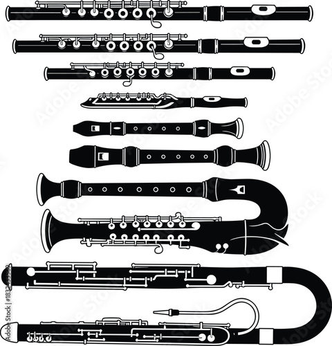 Black Silhouette Vector Set of Various Woodwind Instruments, Including Flutes, Clarinets, and Bassoons, Ideal for Orchestral Music, Educational, and Classical Concert Graphics
