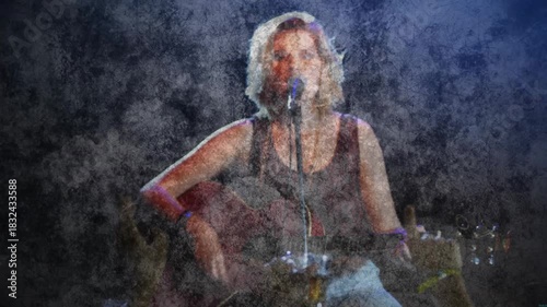 Singer starting with first guitar strum, singing into mic for crowd, cracked overlay obscuring face