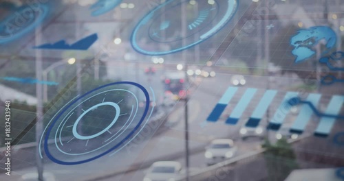 Circular HUD rotating as vehicles enter frame, tracking traffic flow with translucent AR graphics