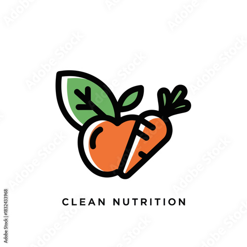 Clean nutrition logo featuring a heart shaped carrot and beet with leaves.