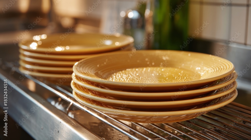 Fototapeta premium Clean yellow plates drying on a rack in a sunny kitchen, showcasing a cozy and inviting atmosphere.