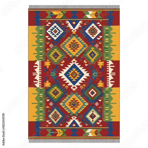 Detailed Kilim Rug Artwork with Geometric Shapes and Earth Tone Palettes