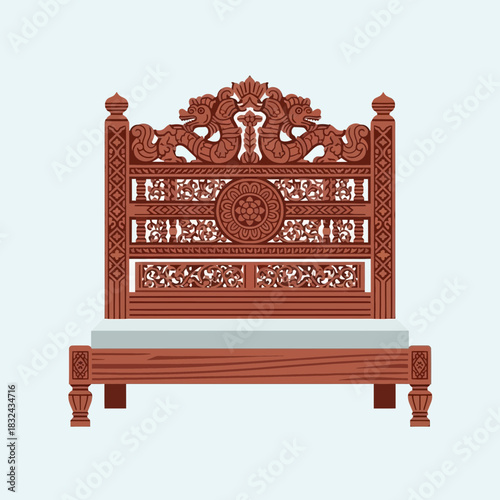 Elaborately Carved Wooden Bed Frame with Mythical Dragon Decoration