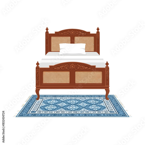 Elegant bedroom interior, detailed carved wooden bed frame and pattern rug