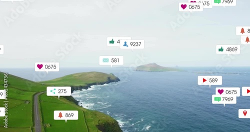 Floating labels appearing after one sec growing clustering over coastal cliffs showing engagement
