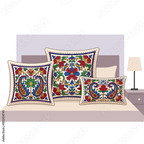 Elegant floral cushion arrangement on bedding evokes tranquility and comfort