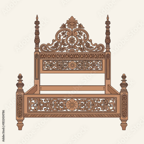 Elegant ornate wooden bed frame illustration with detailed floral carvings