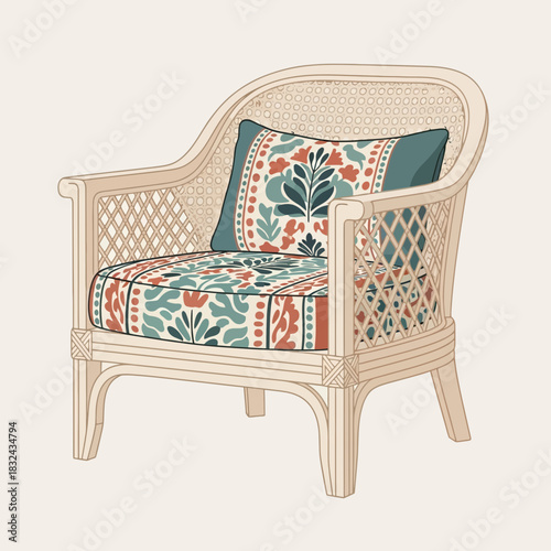 Elegant rattan armchair with botanical pattern cushions and soft palette