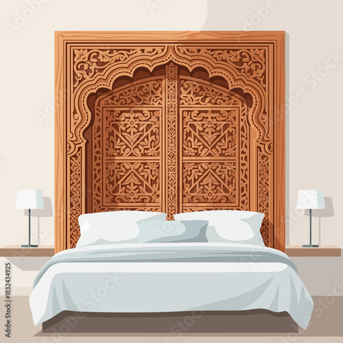 Luxurious bedroom interior with intricate carved wooden headboard design