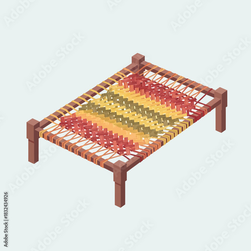 Isometric illustration of a traditional charpai bed with woven pattern