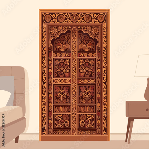 Intricately Carved Wooden Door with Floral and Elephant Motifs in Bedroom