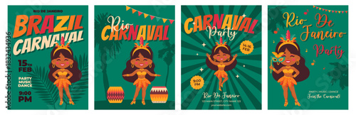 Colorful Brazil carnival poster set with cute samba dancer girl, tropical leaves, feathers. Vector illustration for party banners, invitations, web design concept
