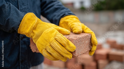 A worker wearing yellow gloves holds a brick, ready for construction work at a building site.
