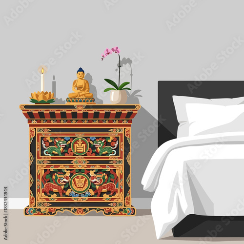 Modern bedroom interior with a traditional nightstand and spiritual decor