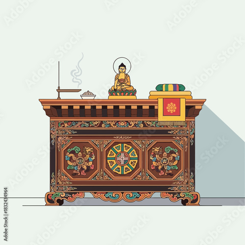 Ornate buddhist altar with deity statue and incense offering illustration