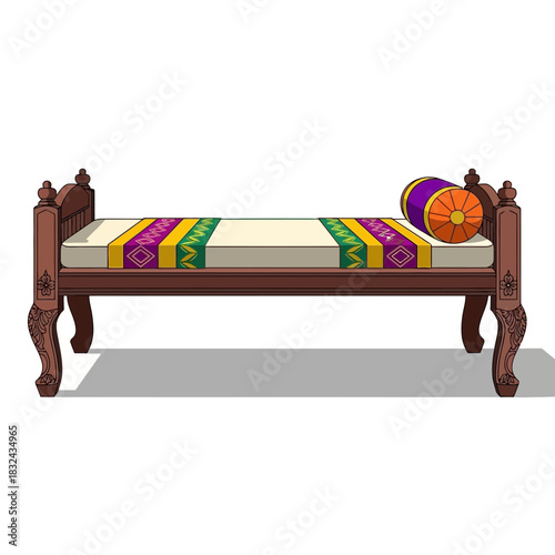 Ornate daybed with vibrant decorative textiles and a cylindrical pillow