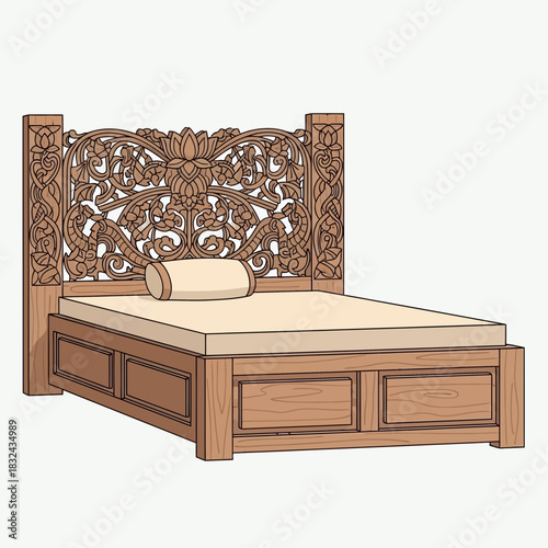 Ornate wooden bed design with detailed headboard carving illustration