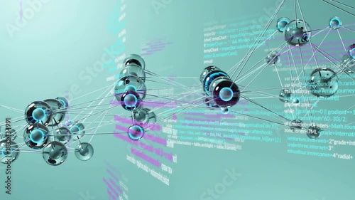 Camera pan starting metallic network drifting right as cyan magenta code scrolling visualizing data