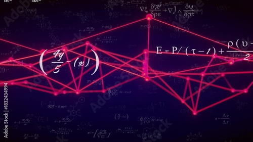 On sequence start neon magenta mesh animating right, peak rising, nodes pulsing, visualizing data