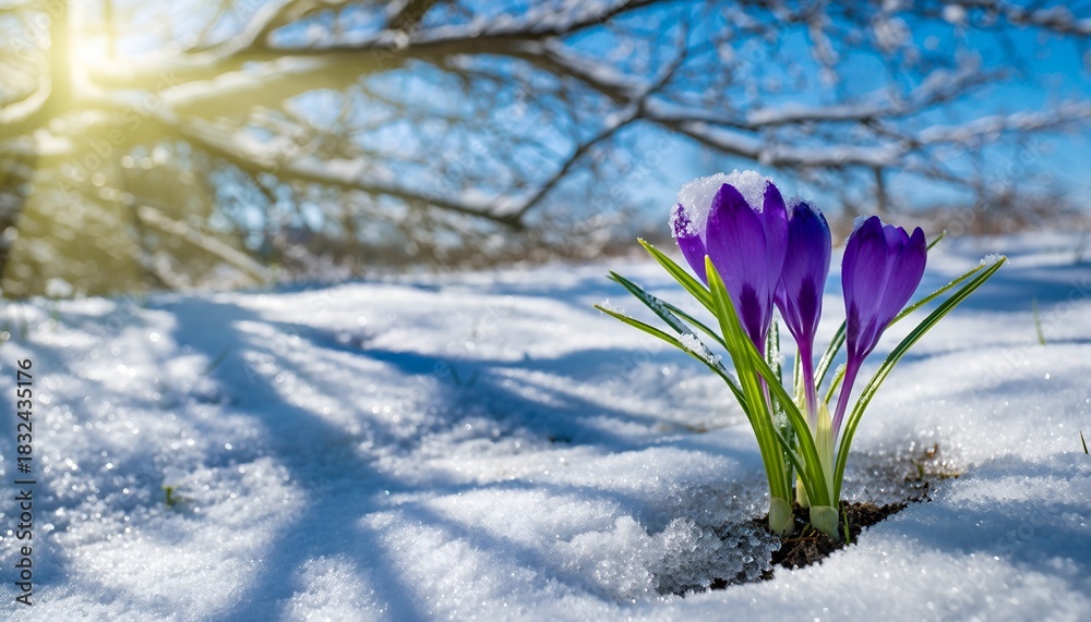 Obraz premium Purple Crocuses Breaking through the Snow on a Bright Winter Day in Nature