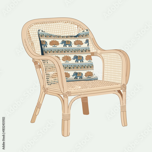 Vintage Rattan Armchair with Patterned Cushion, Interior Décor Element
