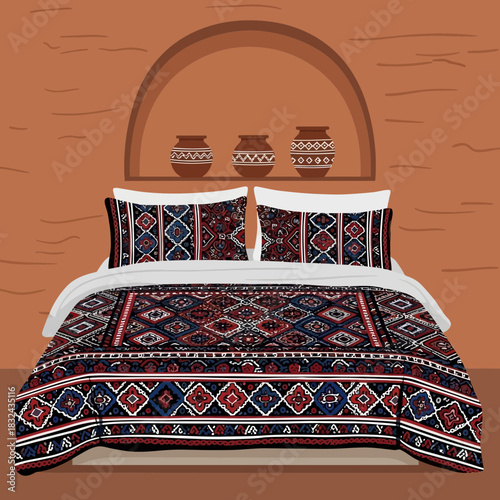 Tranquil bedroom scene with ethnic patterned bed linens and pottery decor