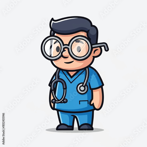 A cute cartoon doctor wearing a stethoscope and large round glasses, dressed in blue scrubs.