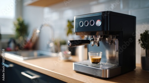 A sleek black espresso machine prepares a fresh shot of coffee in a modern kitchen, showcasing the rich aroma and elegance of brewing.