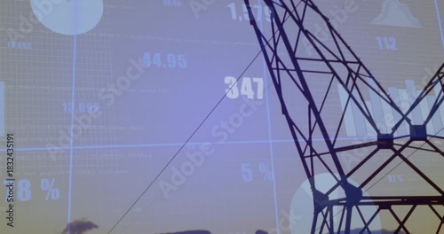 Lattice transmission tower moving into center frame after camera pan, revealing layered analytics