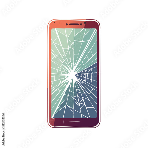 画面がひび割れたスマートフォンのベクターイラスト  スマホの画面破損、故障、修理、トラブル